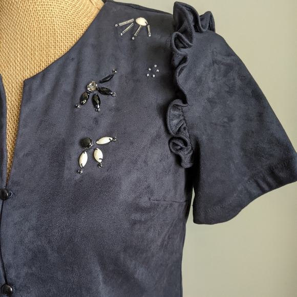 Navy blue suede beaded bolero top - Picture 3 of 4